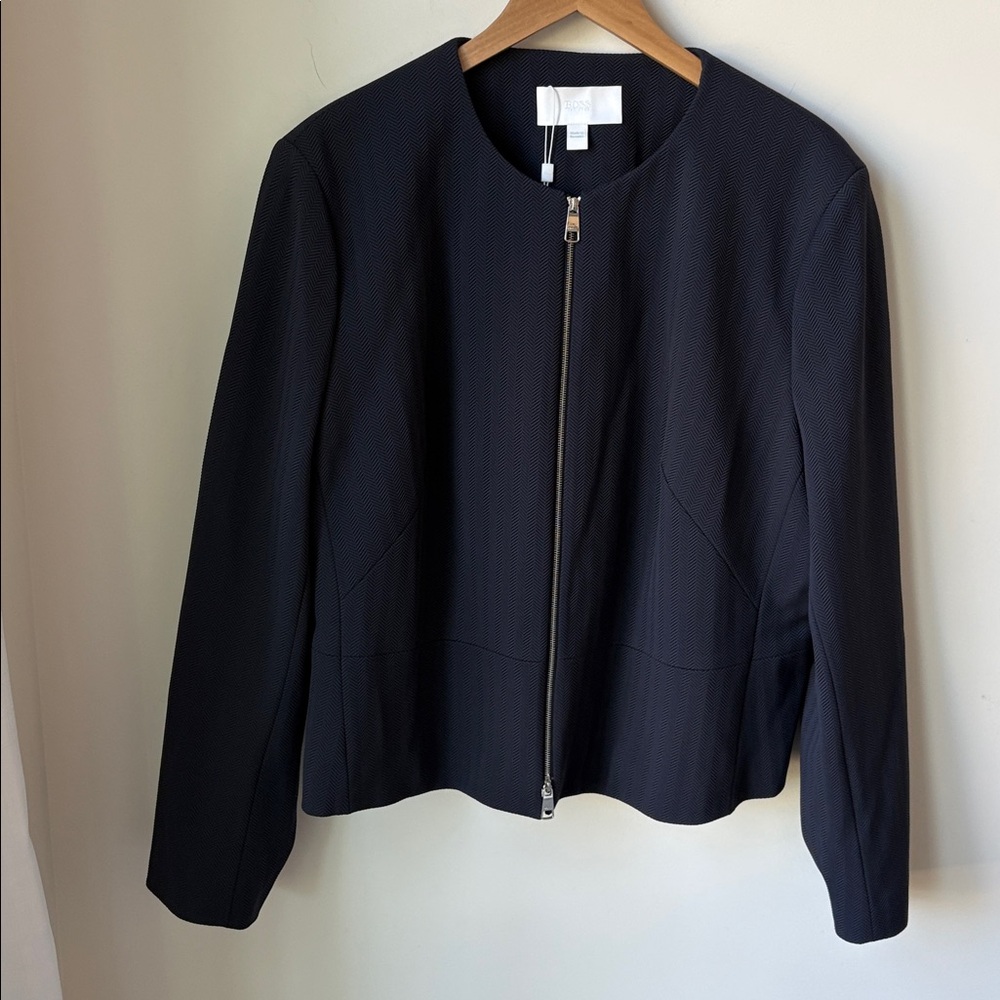 NWT Boss Hugo Boss Jekalana Blazer Jacket in Navy Herringbone Zip Front Size 18